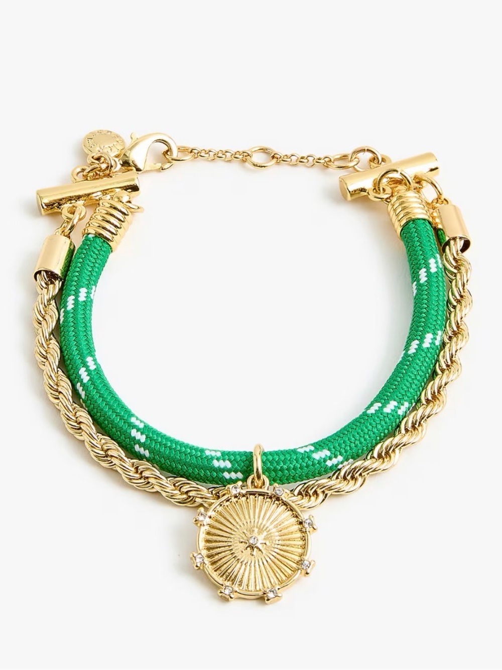 J. Crew Gold-Plated Bracelet with Green Rope and Medallion